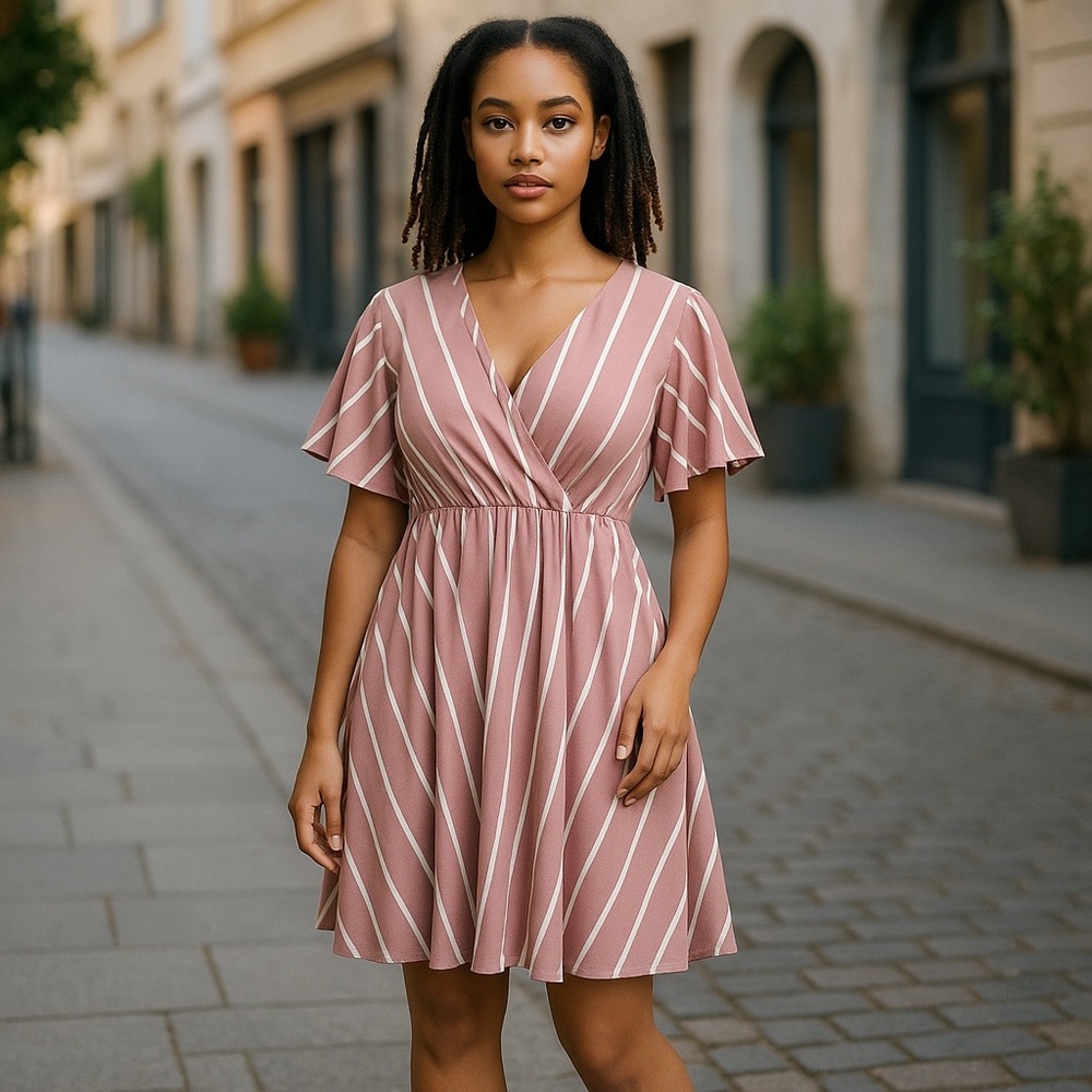 SHEIN Curve Pink White Stripe Fluttered Sleeves Midi Babydoll Dress Size 1XL